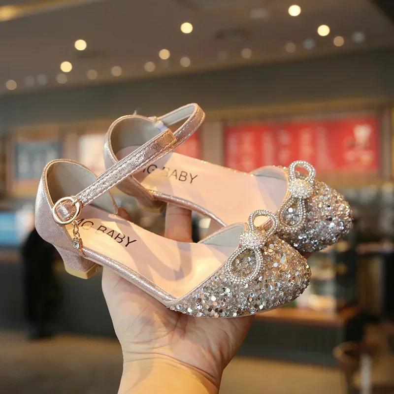 Girls High Heels for Kids Party Wedding Evening Dress Shoes Fashion Bow Diamond Crystal Shoes Princess Stockings Girl Sandals