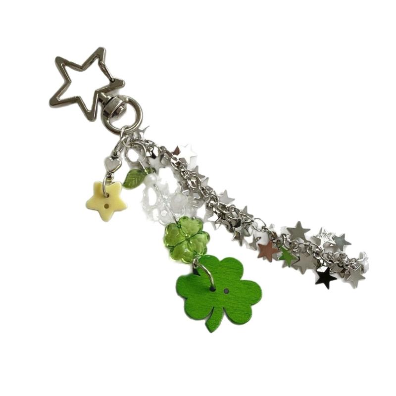 Vintage Lovely Girl Keychain Strawberry Four Leaf Clovers Charm Alloy Accessory For Bag Keys Phone Decors