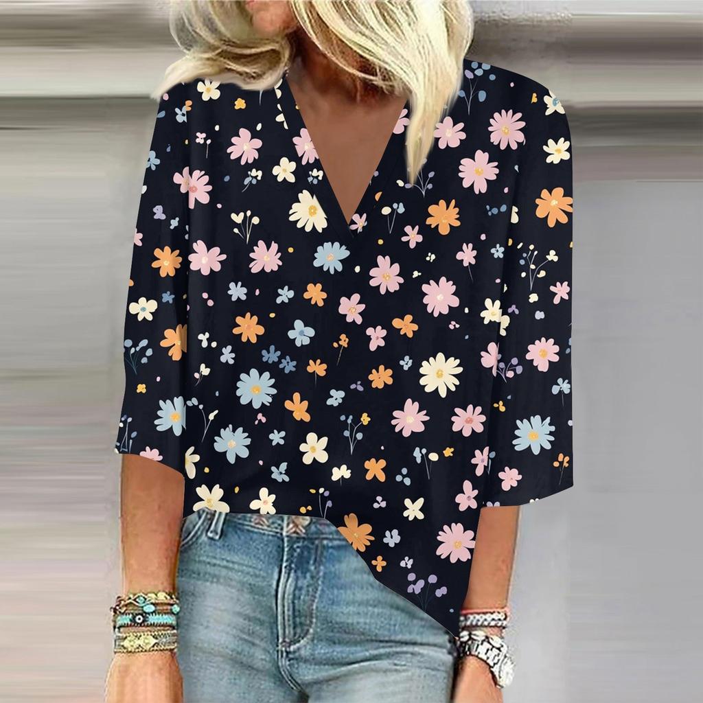 Women's Shirt Blouse Casual Loose Shirts 3/4 Sleeve Print V Neck Tops Print Tops T-shirts Tee