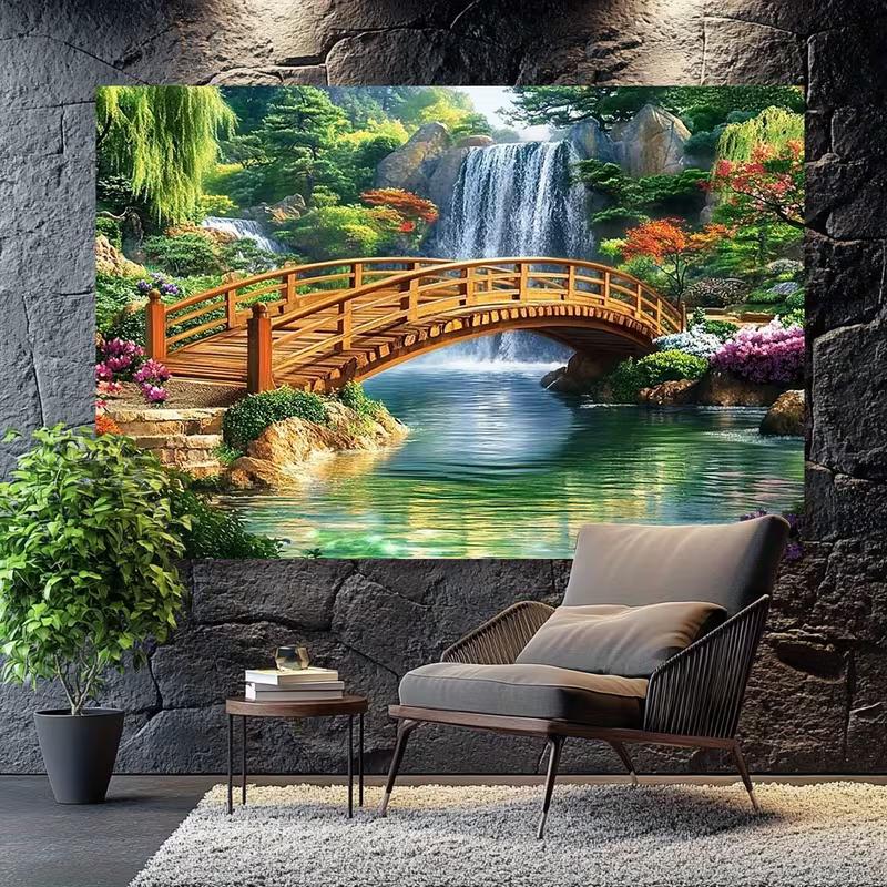 2D Japanischer Garten, Brücke, Wasserfall, Wandteppich, Zen-Natur, Wandbehang für Schlafzimmer