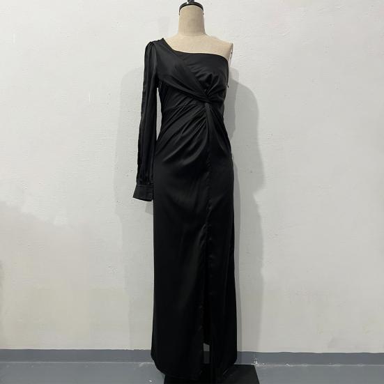 Abendkleid für Damen, eine Schulter, einzelne offene Ärmel, geteilter Saum, einfarbig, schmale Taille, plissiertes Knotendekor, Abschlussball, Cocktailparty, Maxikleid, Ballkleid