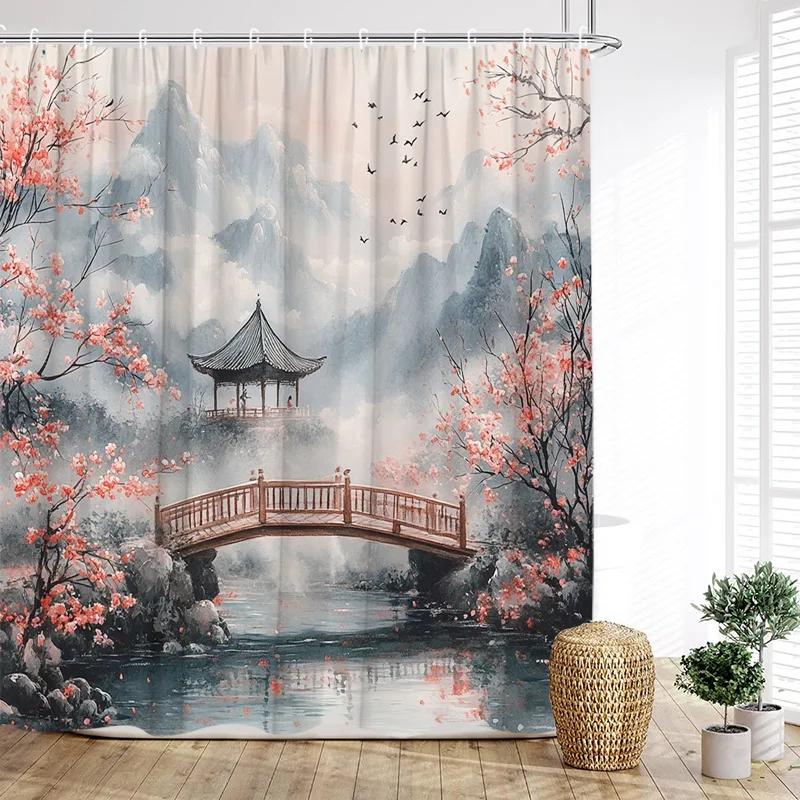 Japanese Style Landscape Shower Curtain Ink Mountain Cherry Blossom Pavilion Lake Asian Art Bath Curtains Home Bathroom Decor