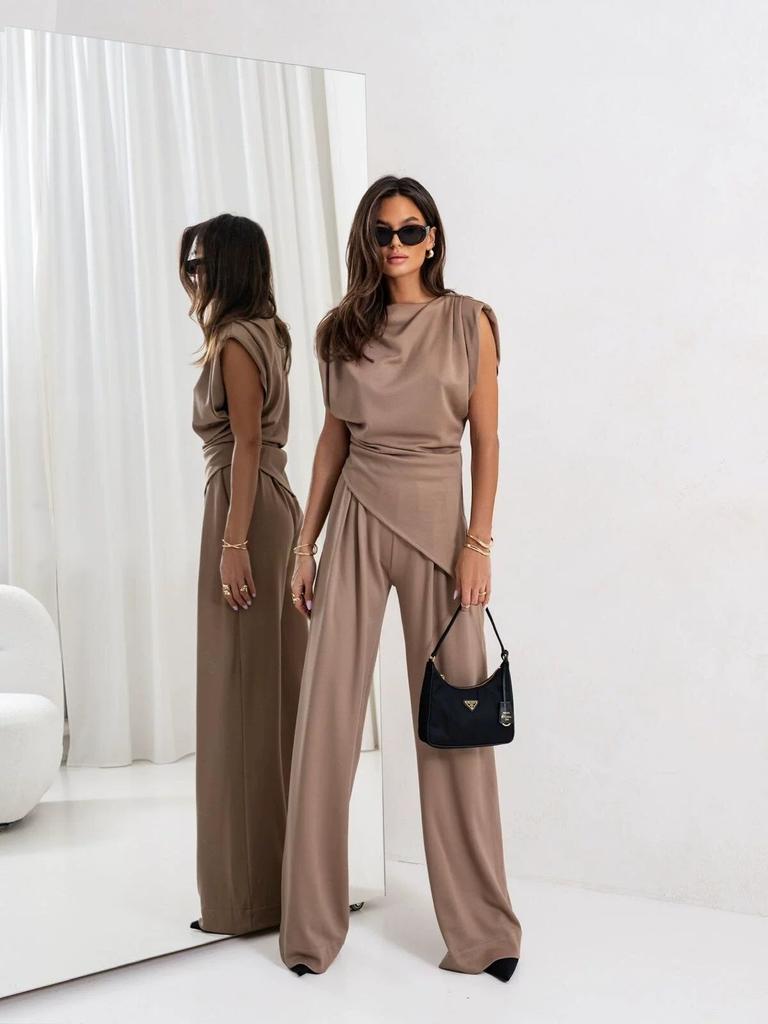 Women's Asymmetric Off Shoulder Top with Wide Leg Pants Set in Soft Colors