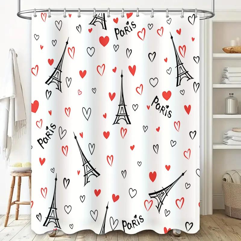 Fashionable shower curtain featuring iconic Eiffel Tower design with red hearts pattern for romantic Paris theme decor in bathro