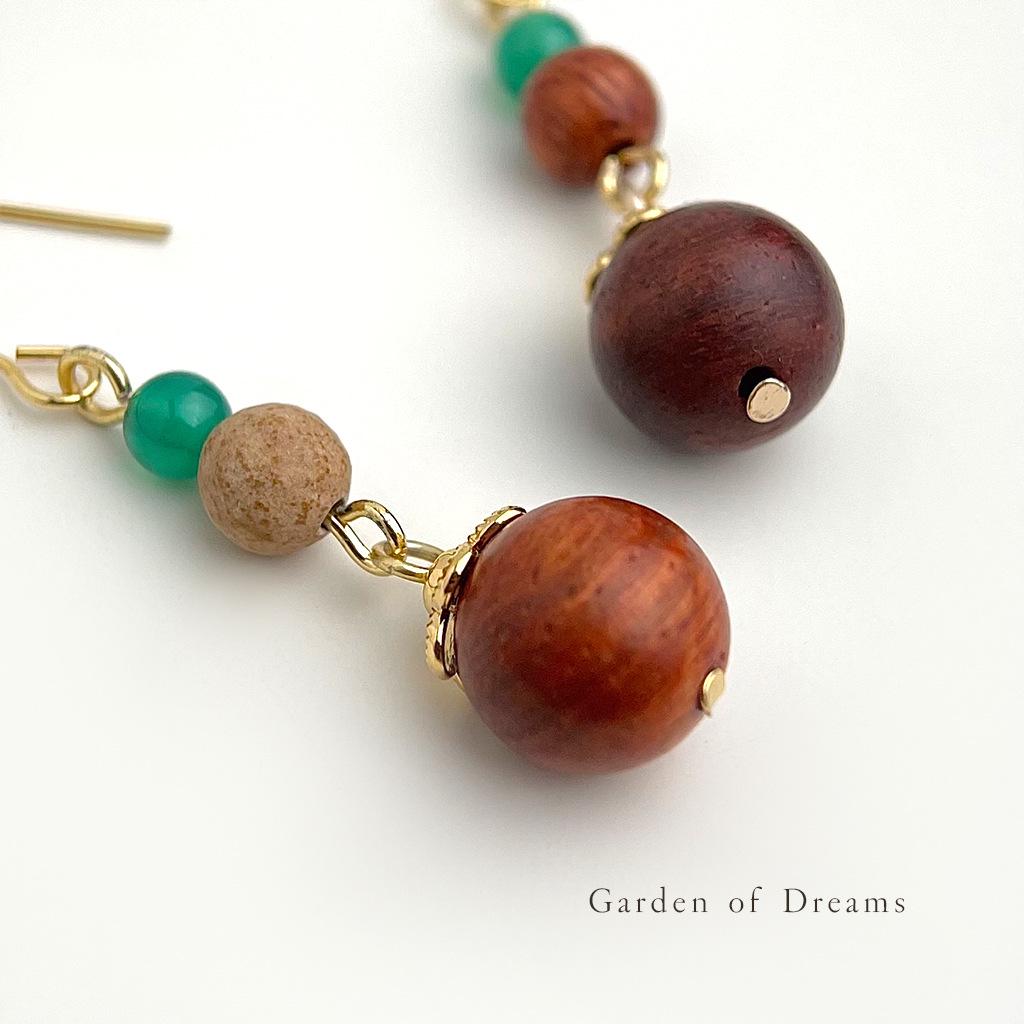 Boucles d'oreilles en bois faites à la main avec des perles d'agate verte naturelle - Style ethnique rétro