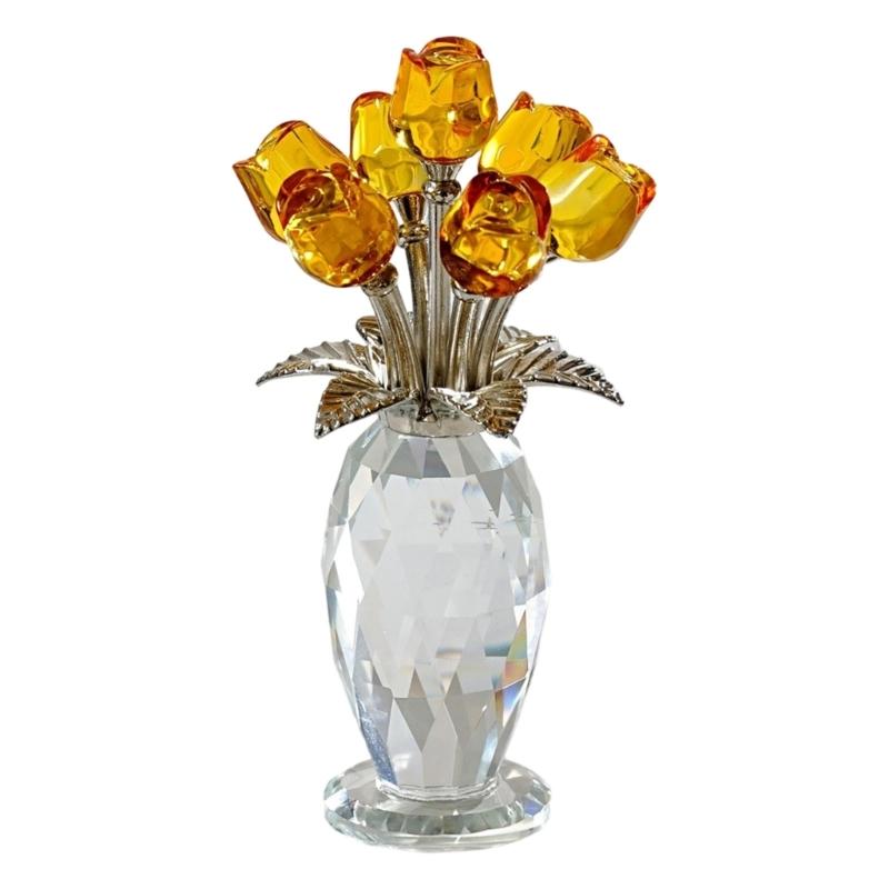 Crystal Rose Figurines Ornament,Crystal Bouquet Ornament Collectibles Handmade Rose Flower Gift for Wife Mom Girlfriend