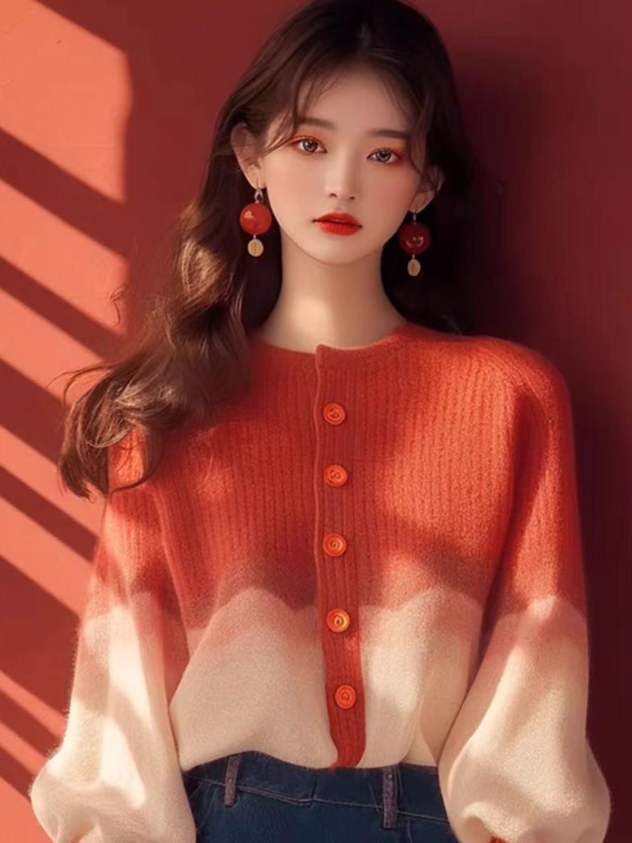 

2024 Ранняя Осень Корейский Стиль Колорблок Рукав Фонарик Вязаный Свитер Топ Extra Large