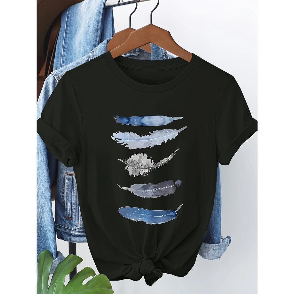 Detail Hellrosa & Blau Rundhals Frühling Sommer Saisonale Mode Damen Freizeit Kurzarm T-Shirt Künstlerischer Grafikdruck