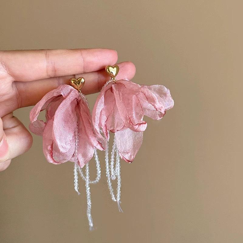 Silver Needle Fabric Flower Glass Fringed Earrings Medium Antique Temperament Stud Earrings Design Sense Niche Earrings