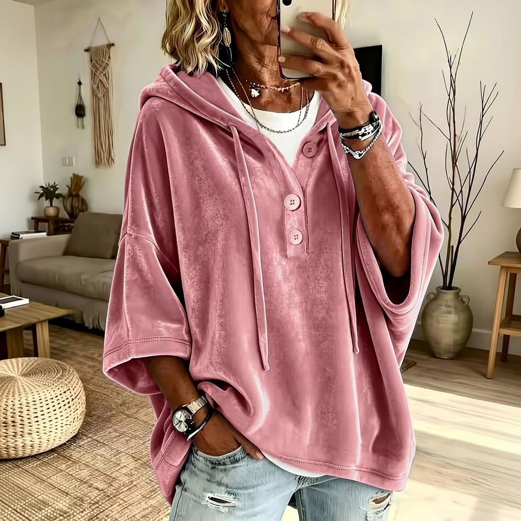 Women's Velvet Hooded Sweatshirt with Drawstring, Loose Fit Sleeve