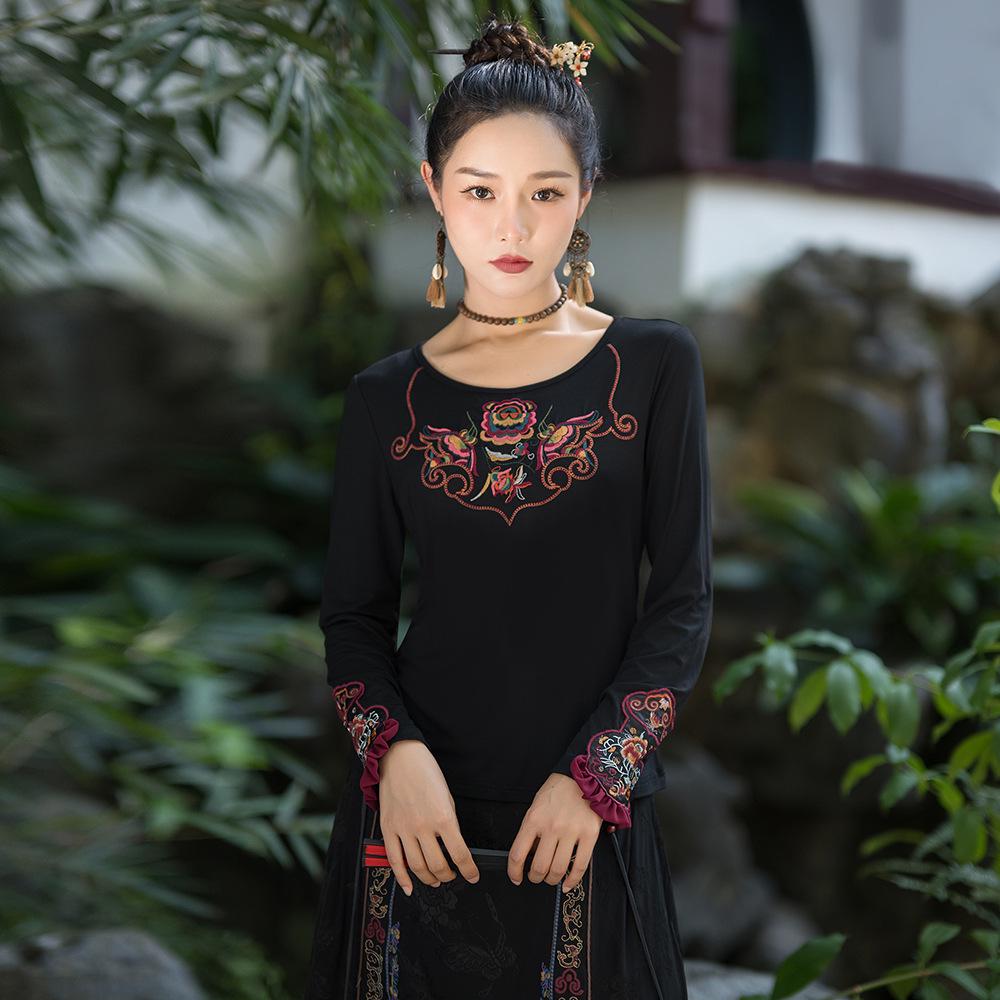 Women's Slimming Ethnic Embroidered Ruffle T-shirt
