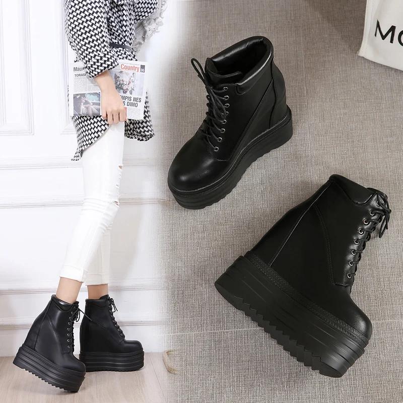Fashion Lace Up Boots 16CM Thick Heel Ankle Boots Women High Heels Autumn Winter Woman Shoes Black Boots Platform Shoes