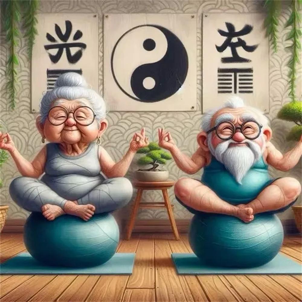 Cartoon Happy Old Couple 5D Full Round Diamond Painting Kits, Cute Grandma and Grandpa DIY Drills Mosaic Embroidery Cross-stitch