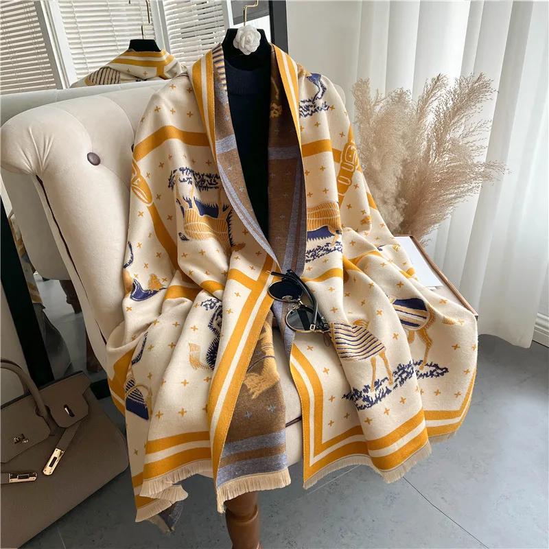 

Luxury Horse Print Thick Cashmere Blanket Women Scarf Warm Pashmina Shawl Winter Wraps Bufanda New Design Poncho Echarpe Female One Size