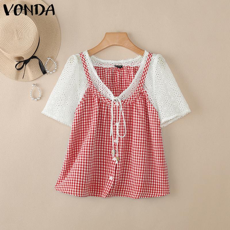 

VONDA Women Short Sleeve Lace Crochet Hollow Patchwork Plaid Casual Blouse 4XL красный