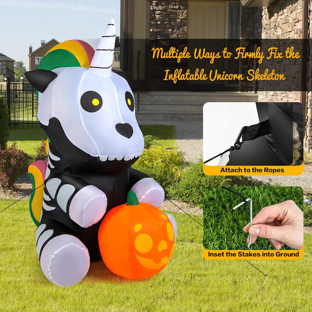 5 FT Tall Halloween Inflatable Skeleton Unicorn Light Up Outdoor Blow Up Decoration LED Scary Halloween Decor Yard Lawn Garden