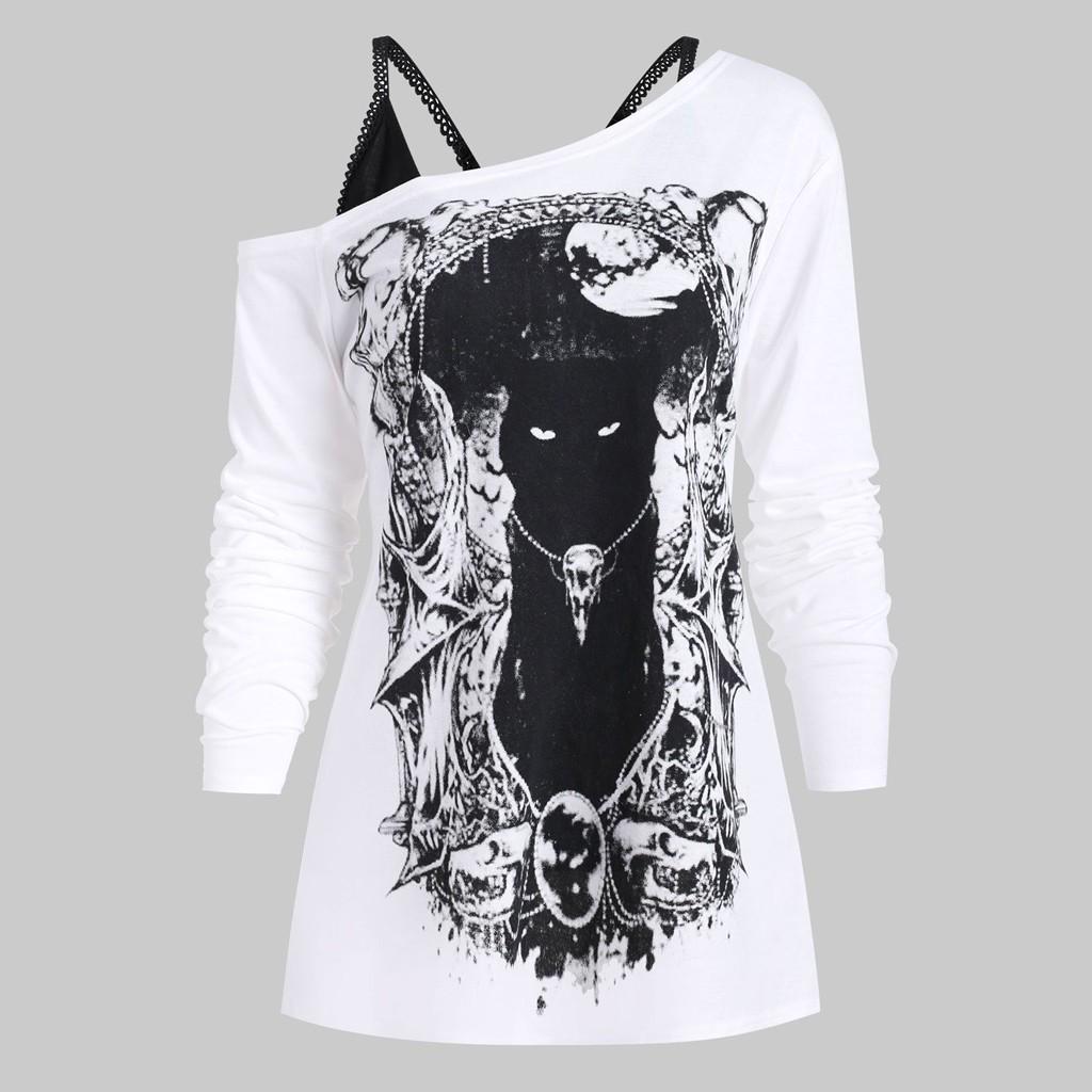 Fashion Women Skew Neck Cold Shoulder Cat  Print Gothic Tee With Cami Top