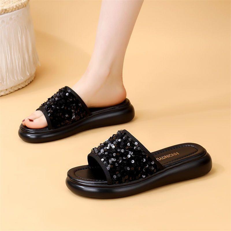

Small people increase their temperament, new summer wear, cool slippers, thick-soled fashion sequins, one-word drag women 35 чёрный