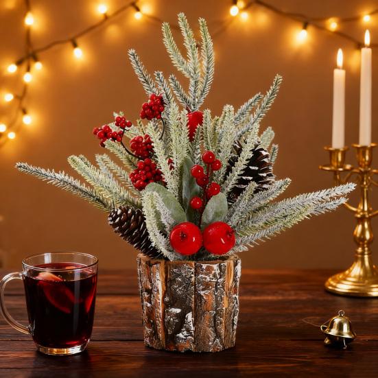 Christmas Artificial Snowy Pine Branches with Vase Faux Pine Cone Berry Arrangement Vintage Faux Cedar Greenery Picks for Home Indoor Fireplace Mantel