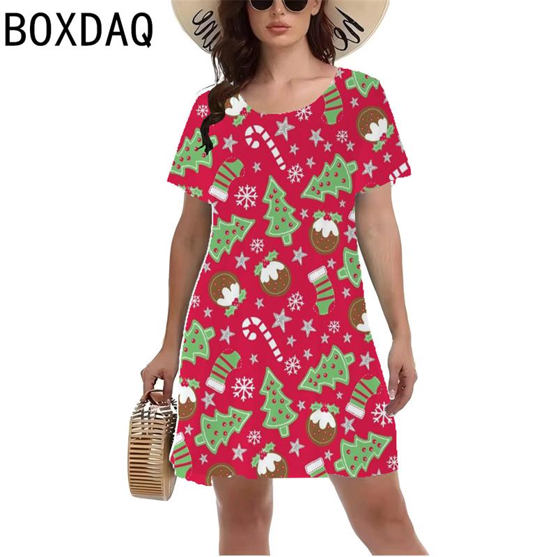 Lady's New Christmas-themed 3D Printed Deer Pattern Short-sleeved Summer Dress, Short-sleeved Round-neck Casual Style Dress