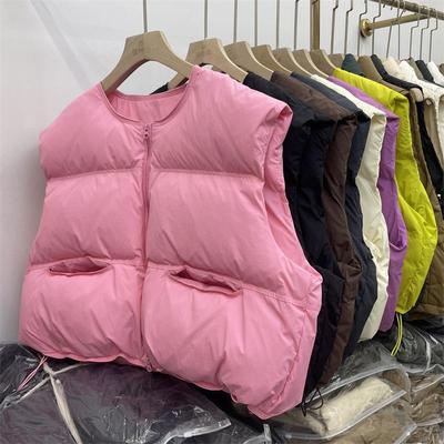 Damen Herbst Winter Dicke Thermo Nahtlos Kurze Daunenweste Ärmellos O-Ausschnitt Lose Weiße Entendaunenjacke Weste All Match Chic