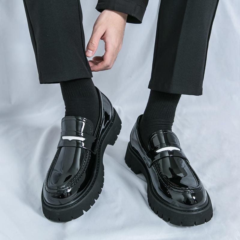 Comfortable Casual Men's Shoes Spring Summer New Style Thick Heel Slip-On Large Size Fashionable All-Match Leather Shoes