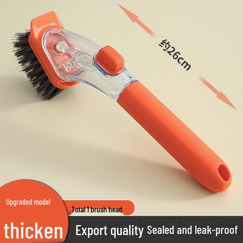 Long-Handled Dishwashing Brush with Automatic Liquid Dispensing and Steel Wire Bristles for Pot and Pet Cleaning.