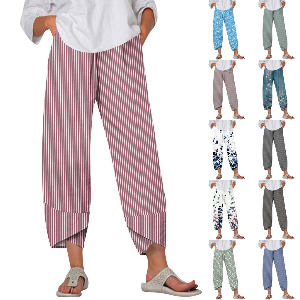 Pants For Women Summer Casual Wide Leg Elastic Waist Print Pants With Pockets
