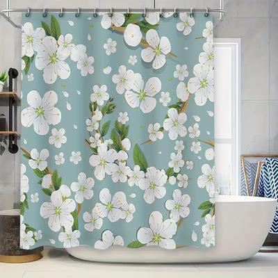 Cherry Blossom Shower Curtain Waterproof Bathroom Decorative Printed Fabric Shower Closures for Bathtubs Light Blue Color Patter