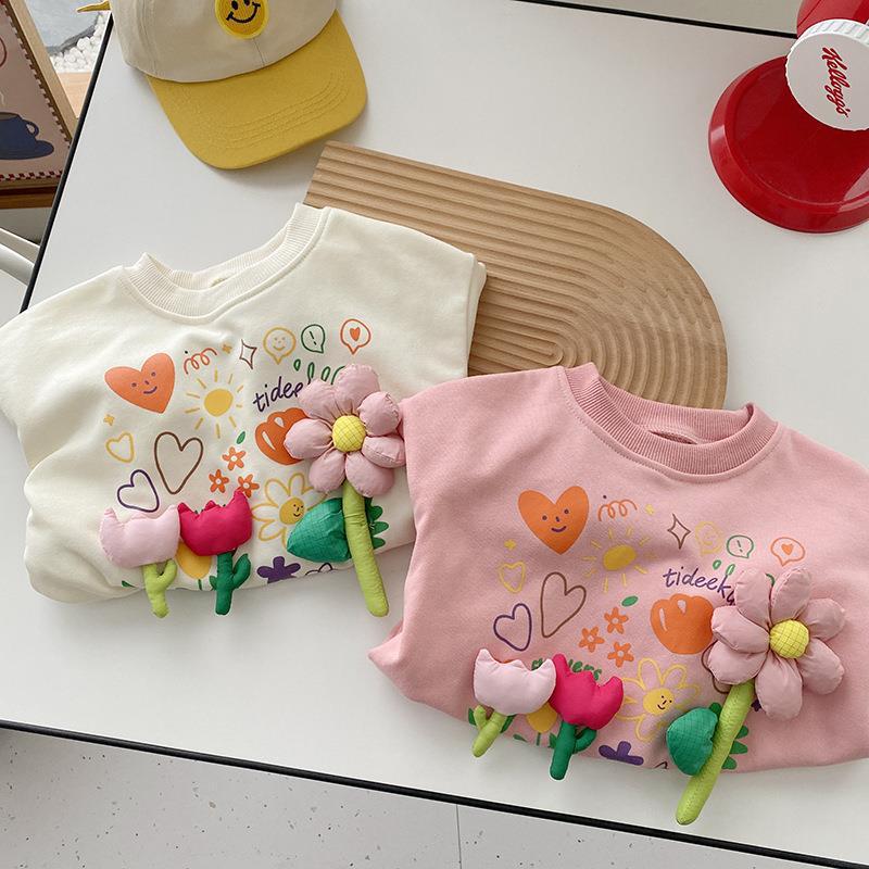 Girls 3D Flower Sweatshirt Baby Round Neck Long Sleeve Top Fashionable Casual Base Layer Shirt