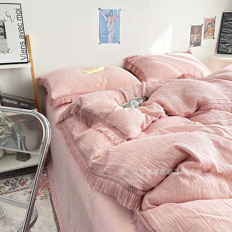 

Maternal And Infant Grade Class A Double-Layer Wrinkled Yarn Bed4-Pcsfrench Tassel Soft Waxy Cotton Quilt Cover Bed Sheet Mattress 1.5 * 2m bed sheet 4pc quilt cover 2*2.3m