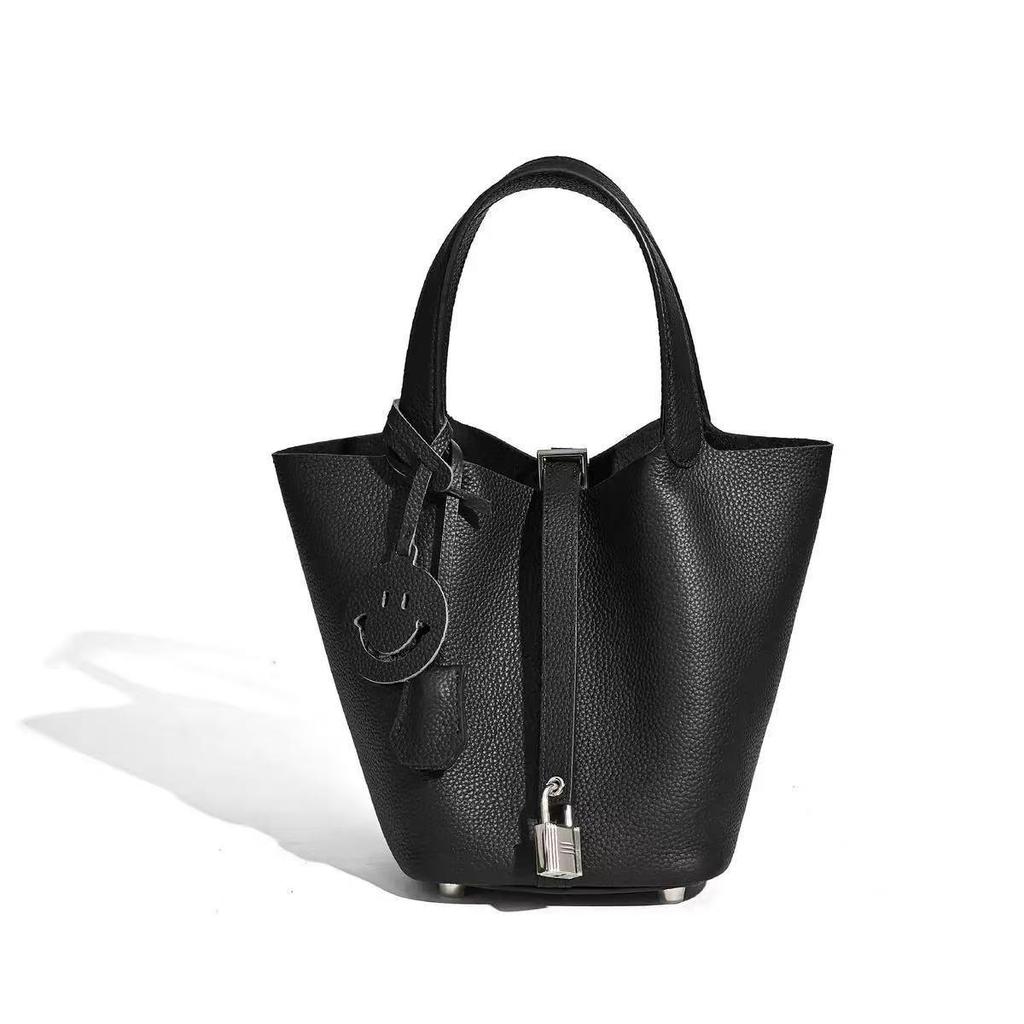 2026 Women's Genuine Leather Cowhide Basket Bucket Bag - Versatile, High-End Handbag