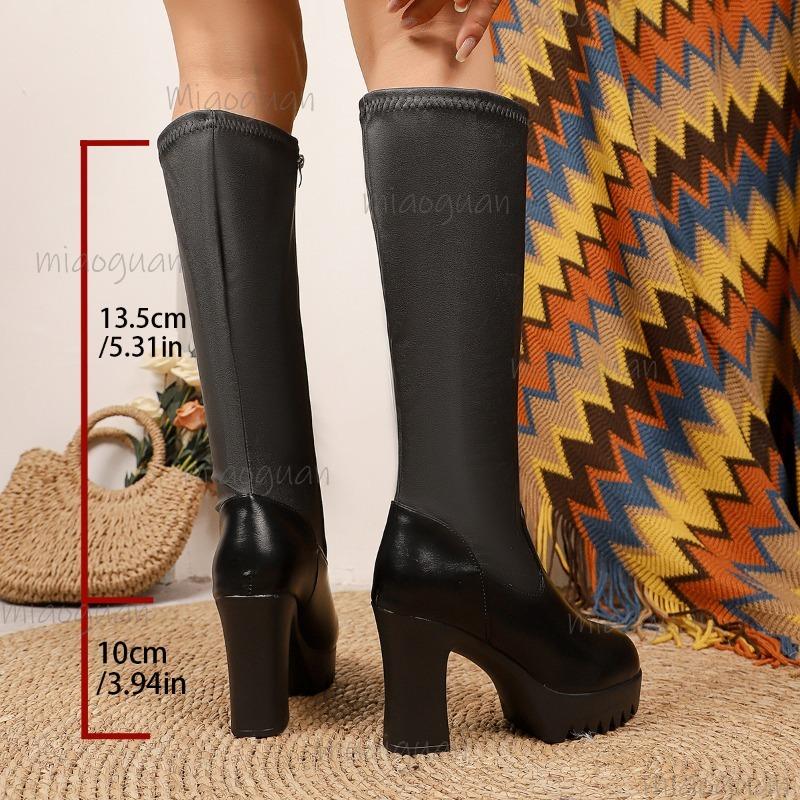 Women's Winter Warm Short Plush Knee-High Black Boots Thick Sole High Bottes Femmes Side Zip Botas Largas Mujer Size 34-41
