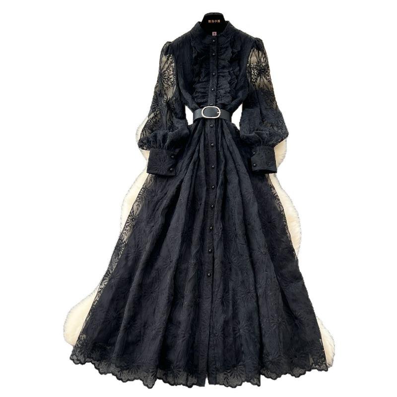 Retro Dress Women's Spring Ruffled Embroidered Single-breasted Dress