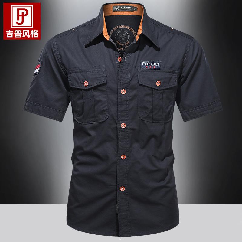 

Летняя рубашка с коротким рукавом и двойным карманом, мужская повседневная рубашка в стиле милитари с коротким рукавом XXXXL ультрамарин синий