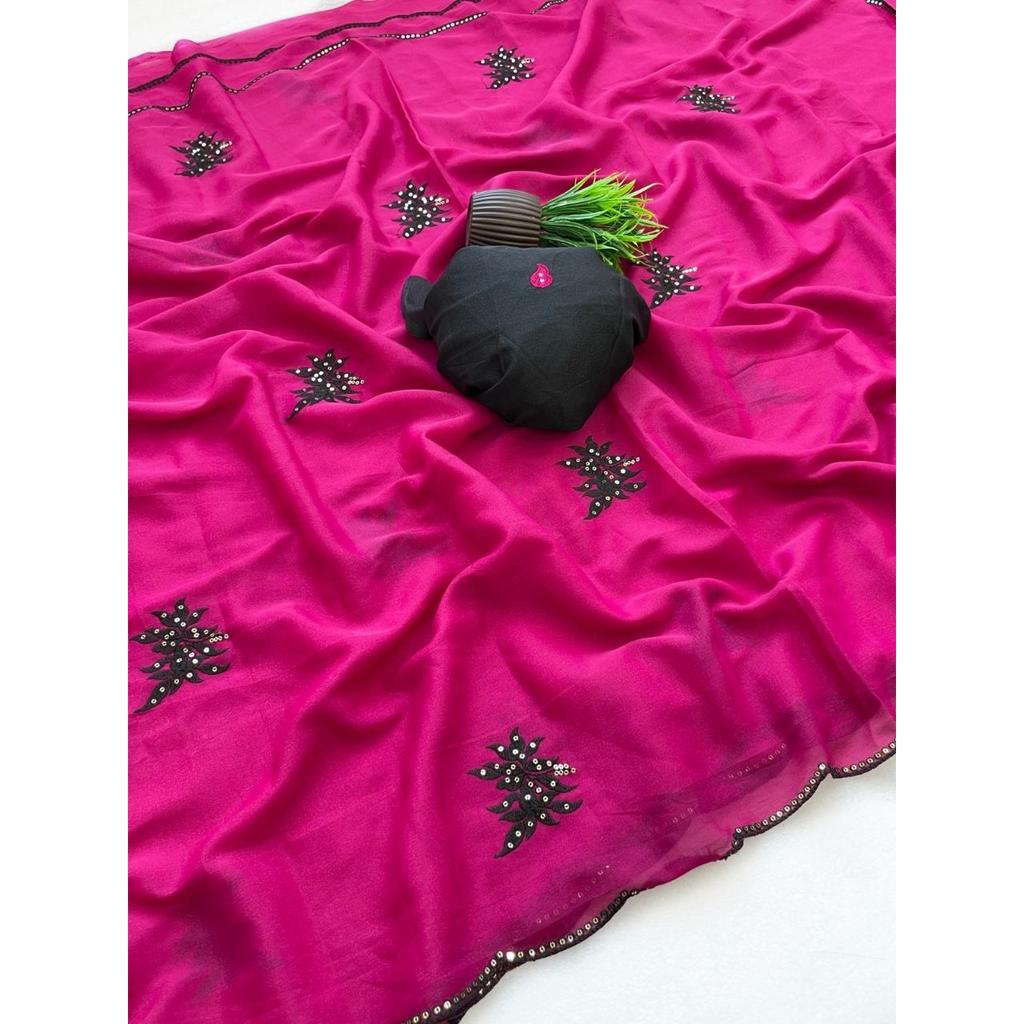 NUOVO LANCIO | Saree Morbido di Seta Georgette Rich Star con Ricami Floreali e Bordatura Intagliata
