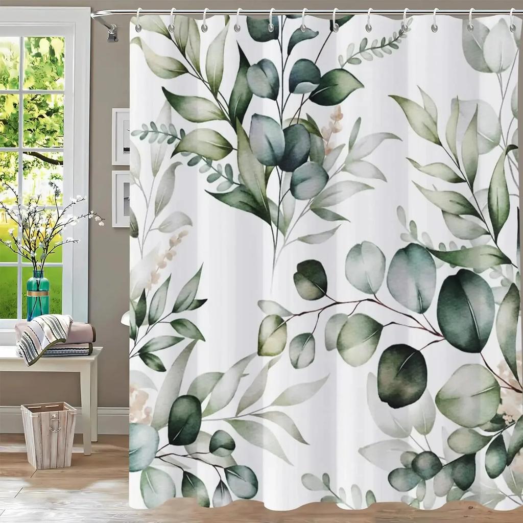 Pianta con Foglie Verdi Tropicali su Sfondo Bianco Tende da Doccia Inodore per Bagno Docce e Vasche da Bagno Decor con Ganci