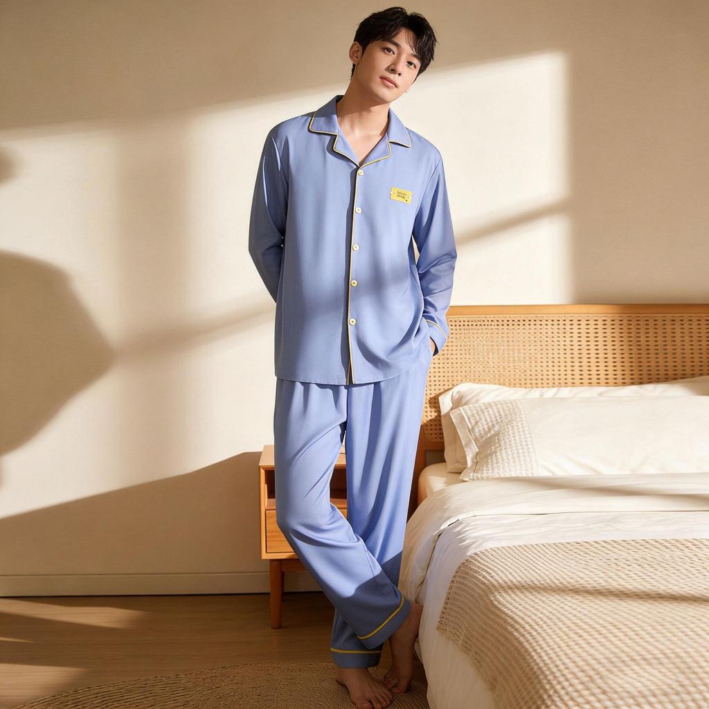 Herren Leichter Luxus Minimalistischer Pyjama - Frühling/Herbst, Langarm, Cardigan, Baumwollimitat, Lässig, Einfach, Lockere Passform, Große Größen Homewear.