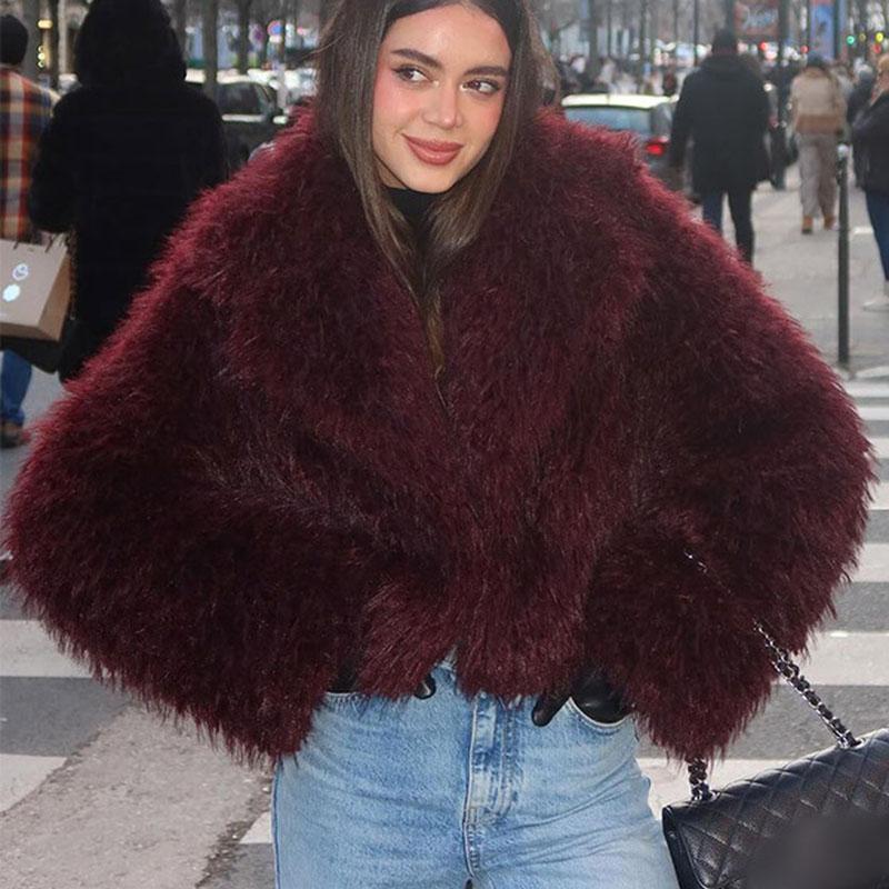 

Зимние теплые куртки из искусственного меха, женские повседневные короткие кардиганы, искусственный мех, пальто для женщин, утолщенная свободная куртка из искусственного меха L вино красного