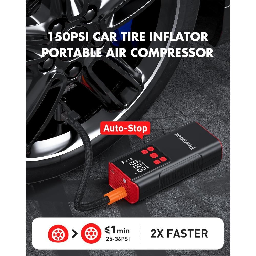 Tire Inflator Portable Air Compressor Povasee 150PSI Portable Air Pump for Tires Cordless Car Tire Inflator with LCD Display
