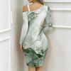 Women Plus Size Asymmetric Cold Shoulder Long Sleeve Beige Gold Marble Print Irregular Wrap Bodycon Midi Dress