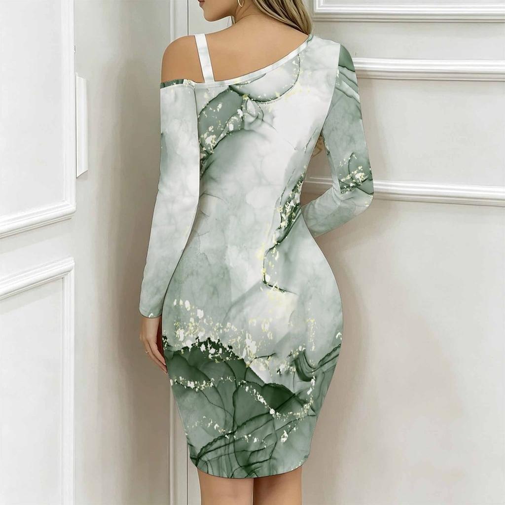 Women Plus Size Asymmetric Cold Shoulder Long Sleeve Beige Gold Marble Print Irregular Wrap Bodycon Midi Dress