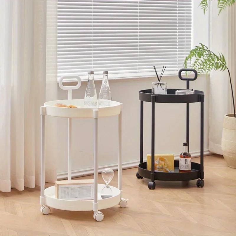 2-Tier Elegant Side Table with Wheels Trolley Table In Living Room Simple Sofa Table with Handle Easy To Move Coffee Table