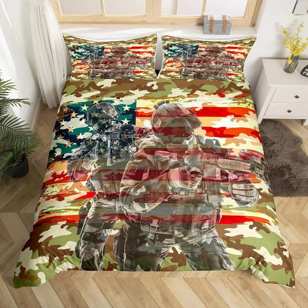 Jungen Armeegrün Bettbezug Set Doppel King Size, Klassisches Camouflage Bettwäscheset, USA Soldat Silhouette Bettdeckenbezug Steppdeckenbezug