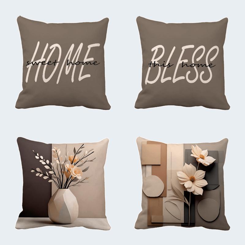 Neutral Tone Home Blessing Floral Pillow Covers Pattern Cushion Cover Suitable For Sofa Bedroom Car Pillow Cover