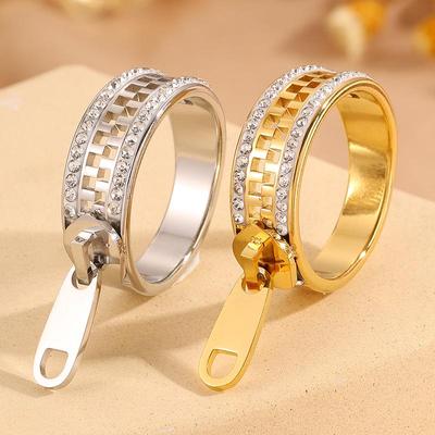 Titanium Steel Diamond-Inlaid Zipper Ring: European & American Light Luxury, Colorfast, Versatile High-End Couple Ring.