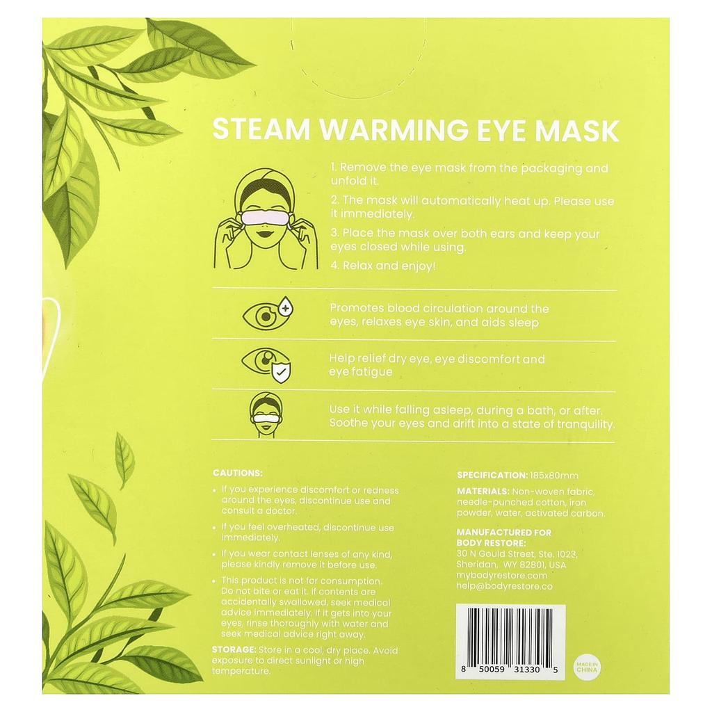 Body Restore, Steam Eye Mask, Green Tea, 5 Pack