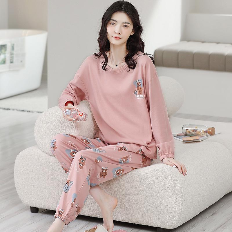 Aifen Teng Women's Pajamas Set: Pure Cotton, Long Sleeve, Long Pants, Casual Home Wear, Suitable for Spring, Autumn, and Winter.