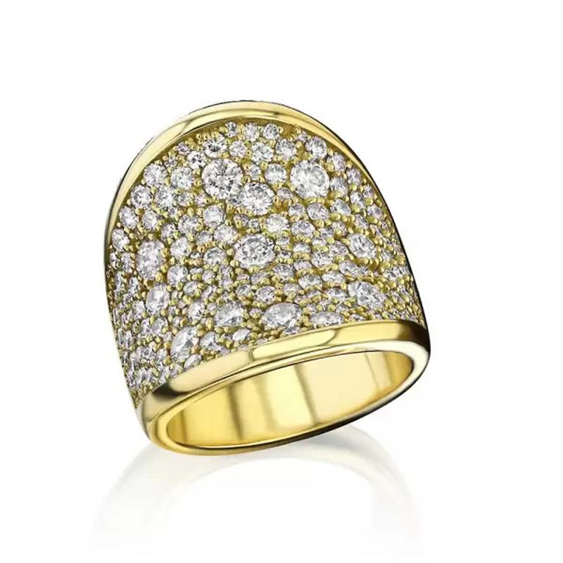 Huitan Wave Geometric Design Women Gold Color Ring Luxury Party Inlaid Sparkling CZ Lady Unique Charming Accessories Jewelry