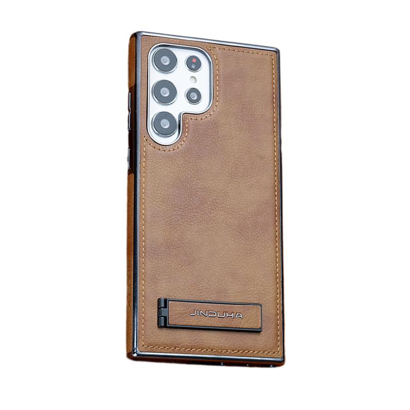 Suitable for Samsung S24uItra Mobile Phone Case Bracket Electroplated Leather S23plus Full-inclusive Business S24 Anti-fall Cover